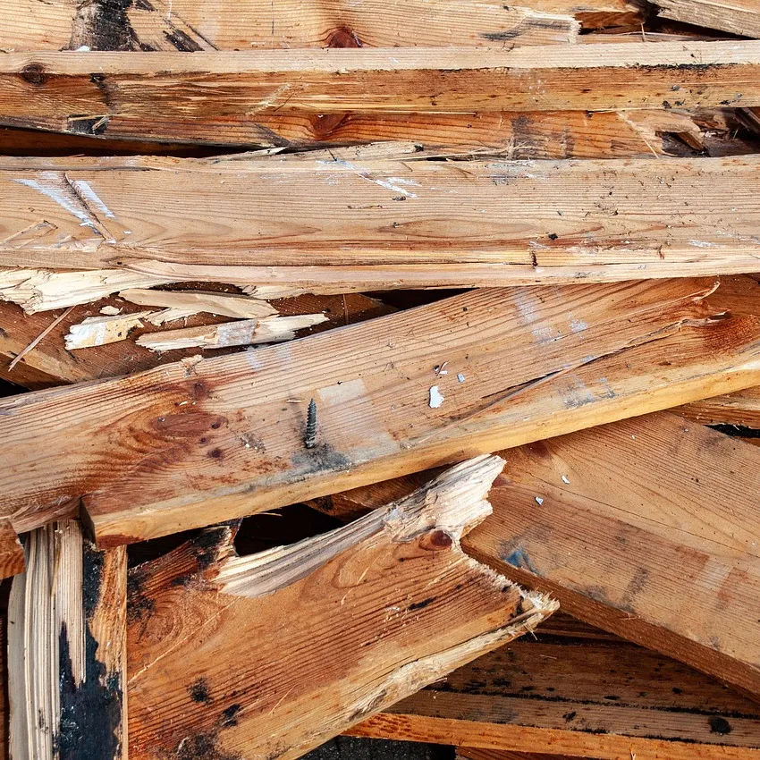 Pile of broken, torn-out deck boards