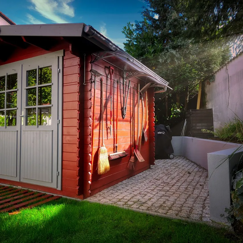 A finished backyard storage shed